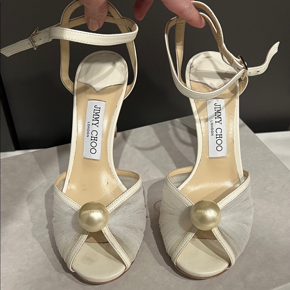 Jimmy Choo Cream Heels with Pearl Accent